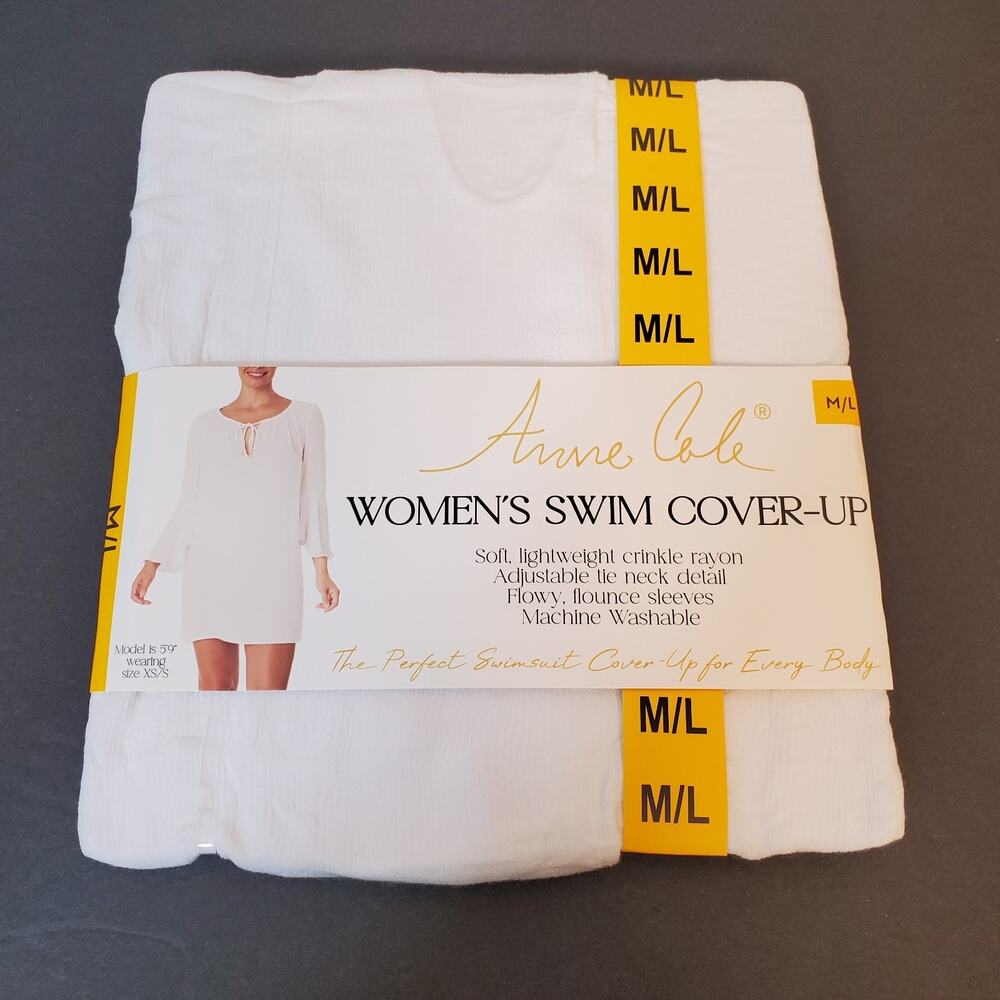 Anne Cole Womens Swim Cover-Up SZ M/L White Rayon Crinkle Flowy Long Sleeve